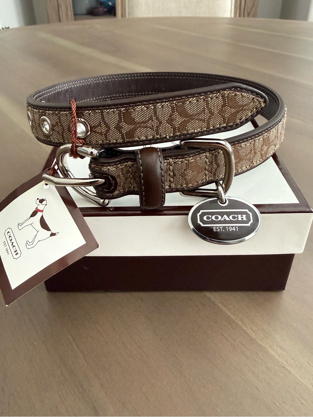 Coach Signature Brown Canvas Leather Dog Collar with Tag, size M
